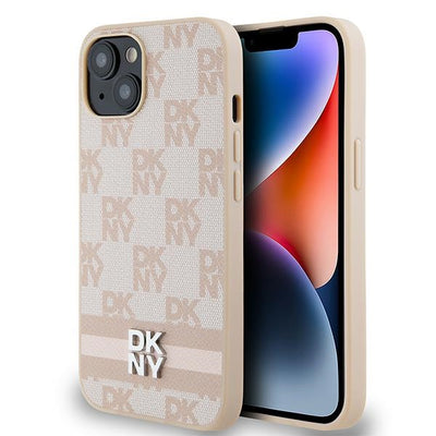 Husa Dkny Leather Checkered Mono Pattern & Printed Stripes pentru iPhone 15 / 14 / 13 - Roz