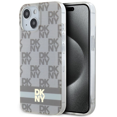 Husa Dkny IML Checkered Mono Pattern & Printed Stripes Magsafe pentru iPhone 15 / 14 / 13 - Bej