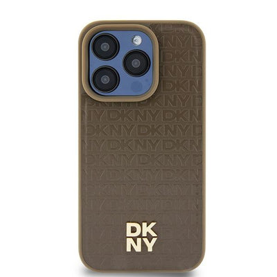 Husa Dkny Leather Pattern Metal Logo Magsafe pentru iPhone 15 / 14 / 13 - Maro