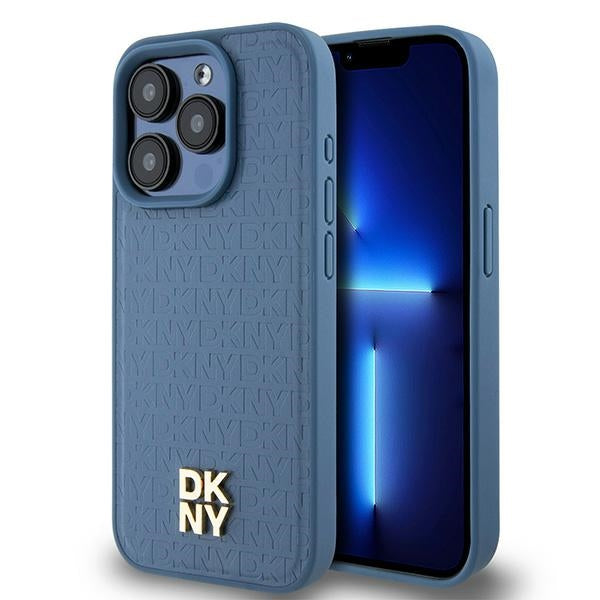 Husa Dkny Leather Monogram Pattern Metal Logo Magsafe pentru iPhone 15 Pro - Albastru
