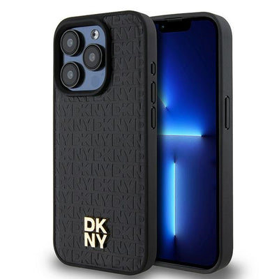 Husa Dkny Leather Monogram Pattern Metal Logo Magsafe pentru iPhone 15 Pro - Negru
