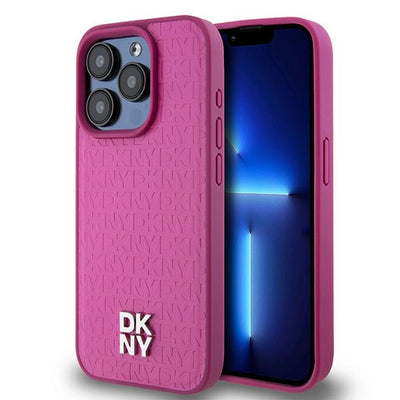 Husa Dkny Leather Monogram Pattern Metal Logo Magsafe pentru iPhone 15 Pro - Roz