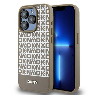 Husa Dkny Leather Printed Pattern Metal Logo Magsafe pentru iPhone 15 Pro - Maro