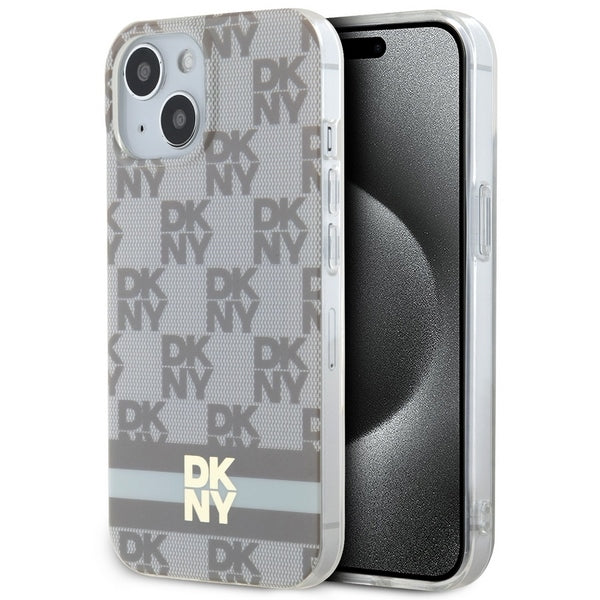Husa Dkny IML Checkered Mono Pattern & Printed Stripes Magsafe pentru iPhone 15 Plus / 14 Plus - Bej