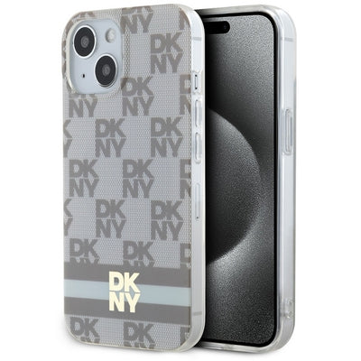 Husa Dkny IML Checkered Mono Pattern & Printed Stripes Magsafe pentru iPhone 15 / 14 / 13 - Bej