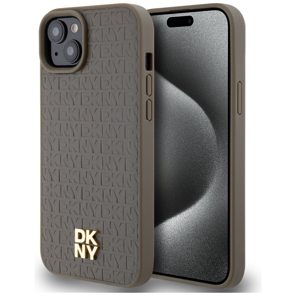 Husa Dkny Leather Pattern Metal Logo Magsafe pentru iPhone 15 / 14 / 13 - Maro