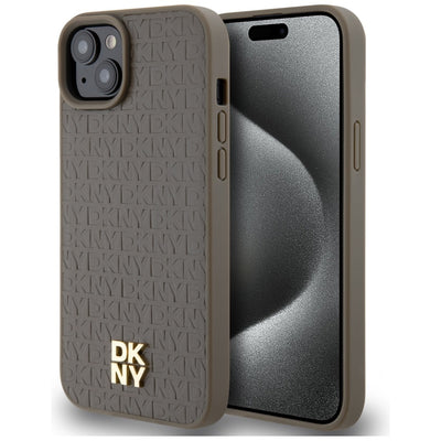 Husa Dkny Leather Pattern Metal Logo Magsafe pentru iPhone 15 / 14 / 13 - Maro