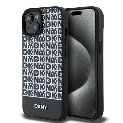 Husa Dkny Leather Printed Pattern Metal Logo Magsafe pentru iPhone 15/14/13 - Negru