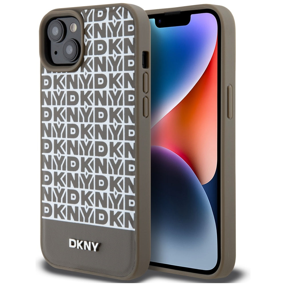 Husa Dkny Leather Printed Pattern Metal Logo Magsafe pentru iPhone 15 / 14 / 13 - Maro