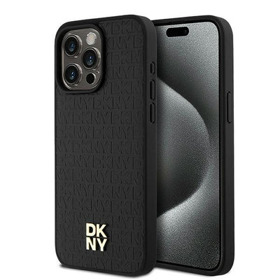 Husa Dkny Leather Monogram Pattern Metal Logo Magsafe pentru iPhone 15 Pro Max - Negru