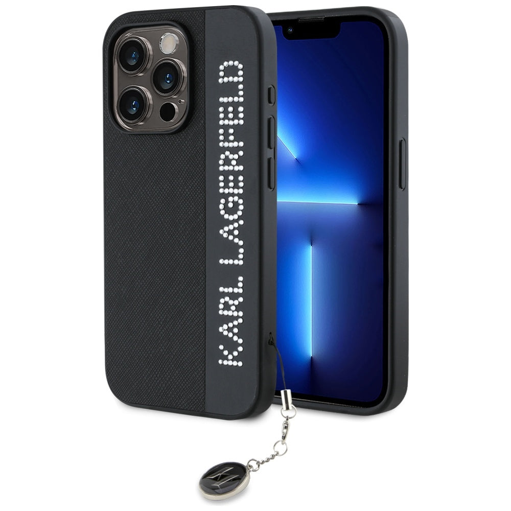 Husa Karl Lagerfeld Saffiano Rhinestones & Charm pentru iPhone 15 Pro - Negru