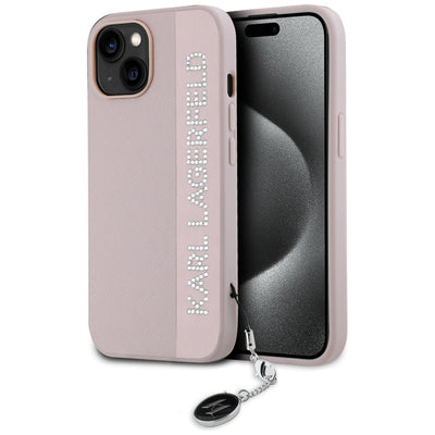 Husa Karl Lagerfeld Saffiano Rhinestones & Charm pentru iPhone 15 / 14 / 13 - Roz