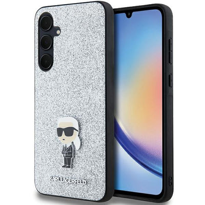 Husa Karl Lagerfeld Fixed Glitter Ikonik Logo Metal Pin pentru Samsung Galaxy A35 - Argintiu