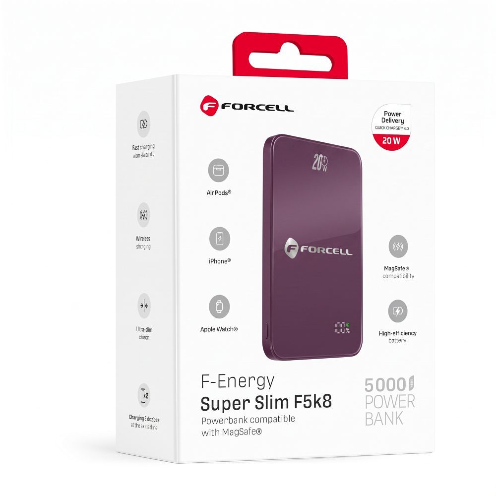 Acumulator extern Forcell Compatible cu Magsafe F-energy Superslim F5k8 Qc4.0 Pd3.0 15W 5000 Mah Burgundy