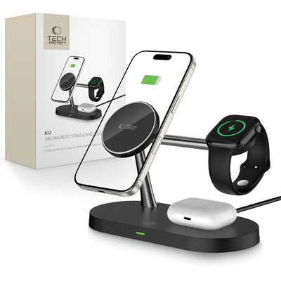 Incarcator Tech-protect A12 3in1 Magsafe Inductive pentru Smartphone/Casti/Smartwatch - Negru