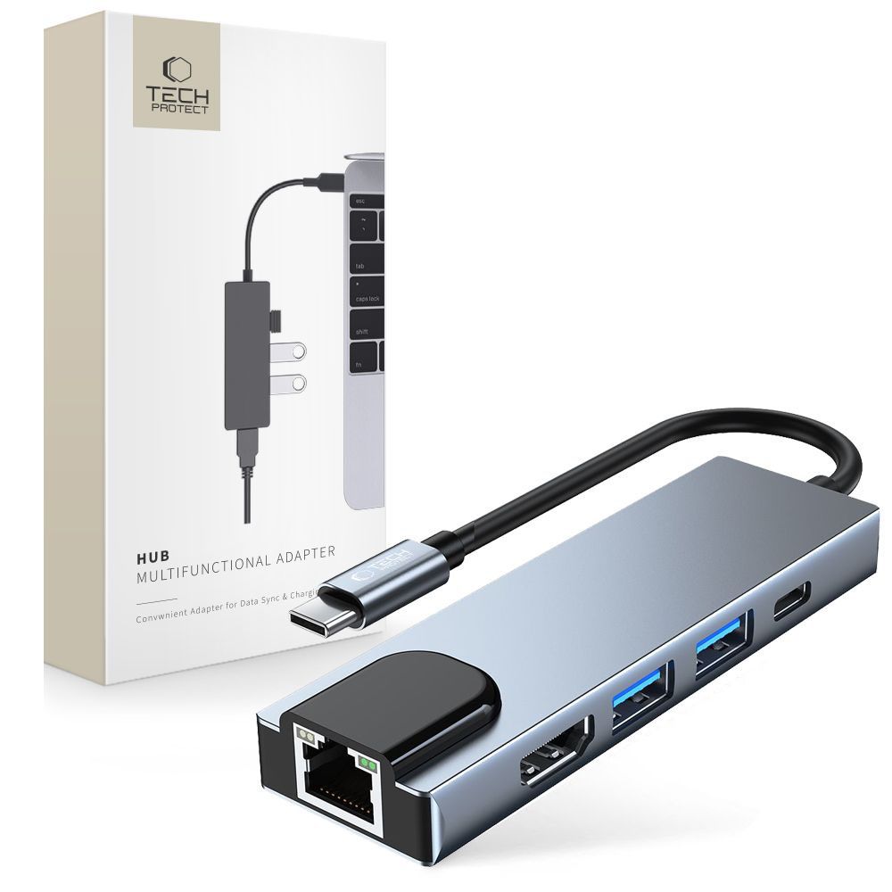 Cablu HUB Tech-protect V3 5in1 Usb-c - Usb-a 3.0 / Usb-a 2.0 / Usb-c / Hdmi / Rj45 - Gri