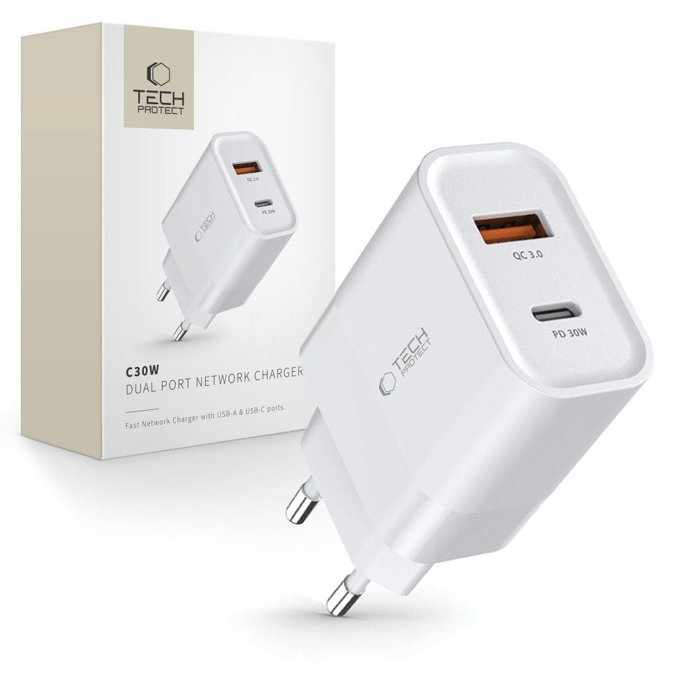 Incarcator Tech-protect C30w Usb-c PD 30W / Usb-a QC 3.0 - Alb