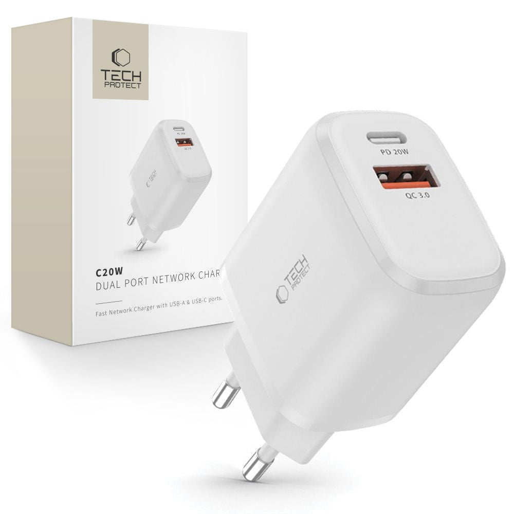 Incarcator Tech-protect C20w Usb-c PD 20W / Usb-a QC 3.0 - Alb