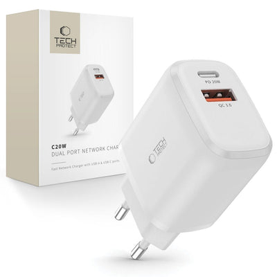 Incarcator Tech-protect C20w Usb-c PD 20W / Usb-a QC 3.0 - Alb