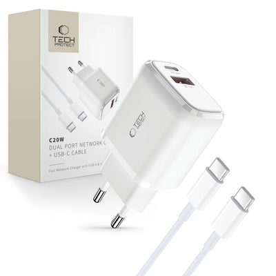 Cablu Tech-protect C20w Usb-c PD 20W / Usb-a QC 3.0 Incarcator cu Usb-c / Usb-c - Alb