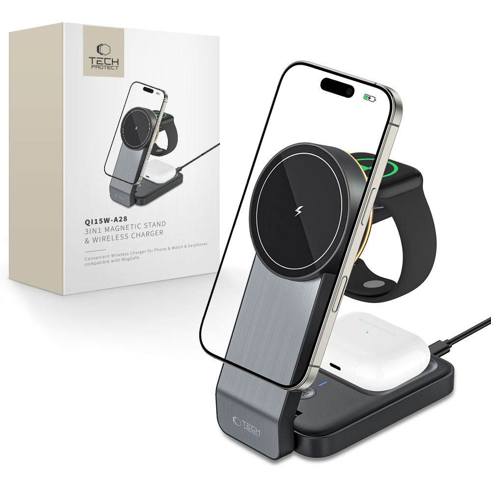 Incarcator Tech-protect Qi15w-a28 Magsafe 3in1 Inductive cu Smartphone / Apple Watch / AirPods Stand - Negru