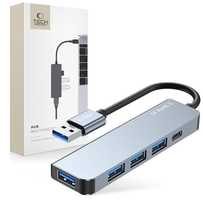 Cablu HUB Tech-protect V0 5in1 Usb-a - Usb-a 3.0 / 3x Usb-a 2.0 / Usb-c - Gri