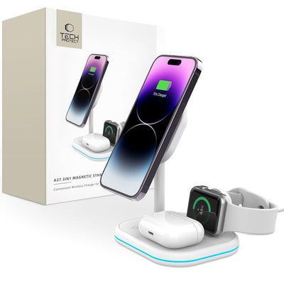Incarcator Tech-protect Qi15w-a27 3-in-1 Inductive cu Magsafe Stand pentru Smartphone / Apple Watch / AirPods - Alb