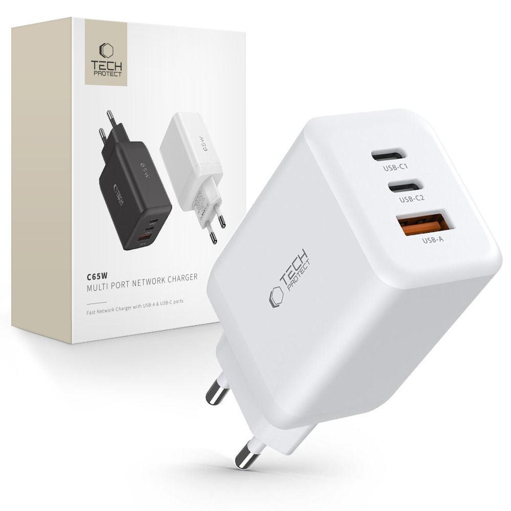 Incarcator Tech-protect C65w 2x Usb-c PD 65W / Usb-a QC 3.0 - Alb