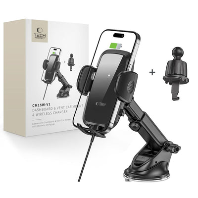Incarcator Tech-protect Cm15w-v1 Car Phone Suport cu 15W Inductive pentru Cockpit/Air Vent - Negru