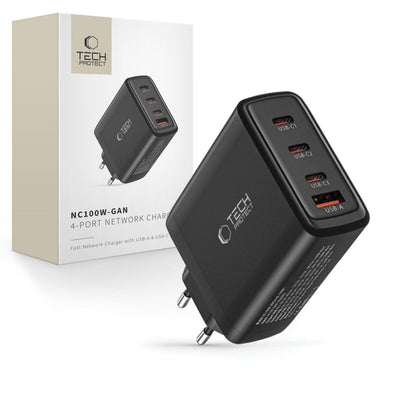 Incarcator Tech-protect Nc100w-gan Network Gan 3x Usb-c PD 100W / Usb-a QC 3.0 - Negru
