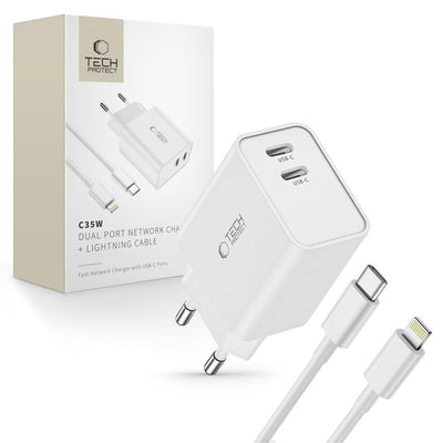 Cablu Tech-protect C35w 2x Usb-c PD 35W Incarcator priza cu Usb-c / Lightning - Alb