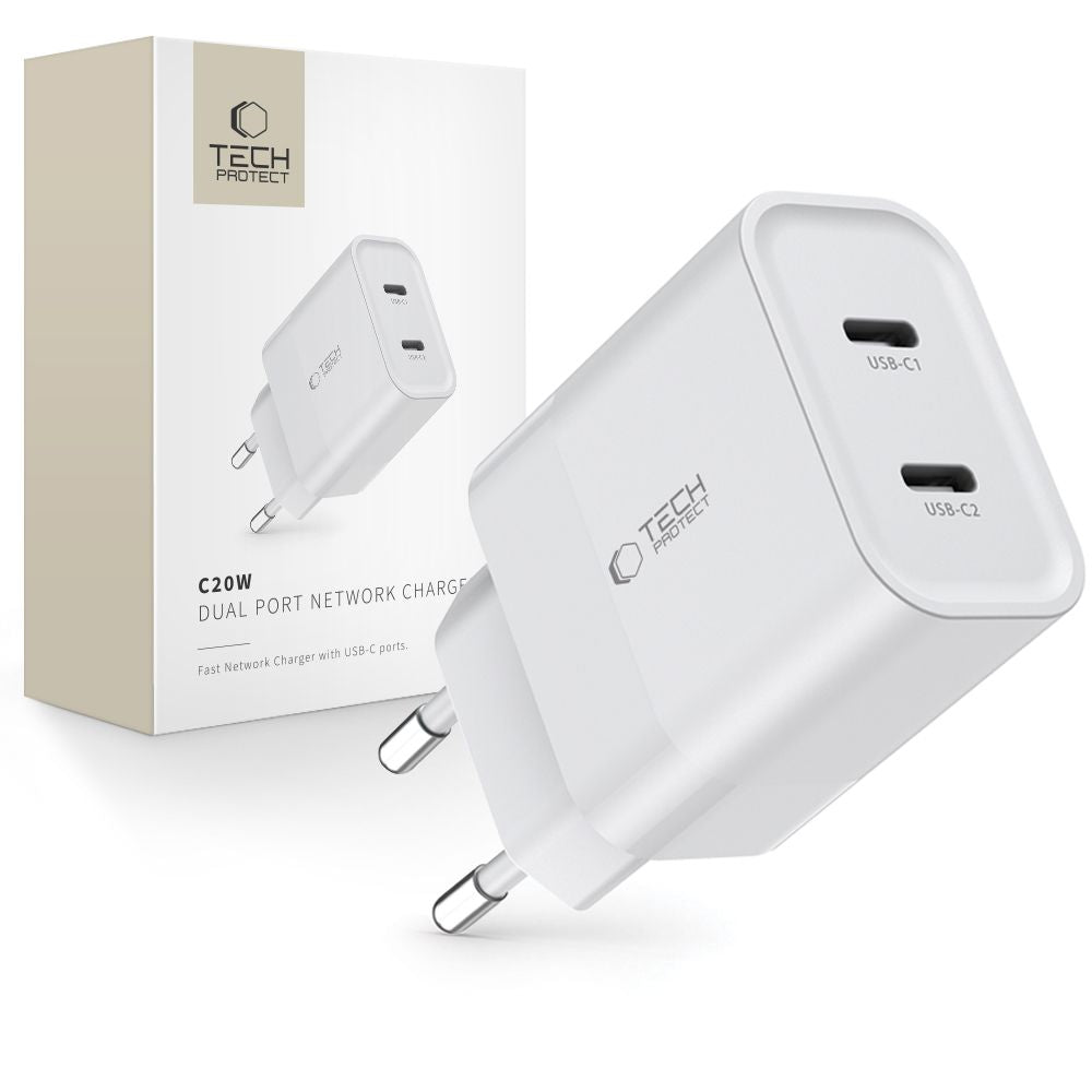 Incarcator Tech-protect C20w 2x Usb-c PD 20W - Alb