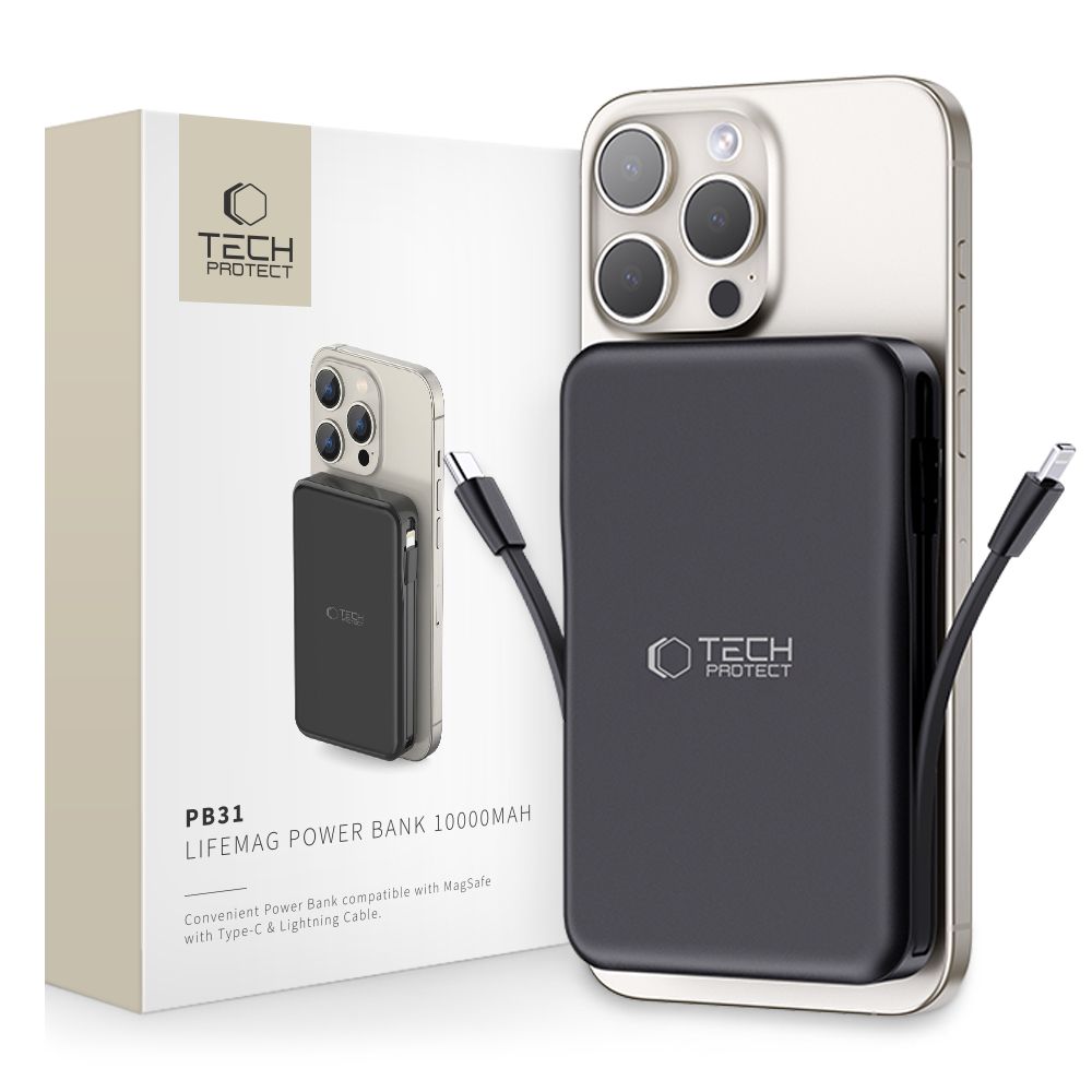 Cablu Tech-protect Lifemag Pb31 Acumulator extern cu Magsafe 10000mAh 15W Usb-c / Usb-a / Built-in Usb-c / Lightning - N