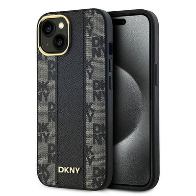 Husa Dkny Leather Checkered Mono Pattern Magsafe pentru iPhone 15 Plus / 14 Plus - Negru