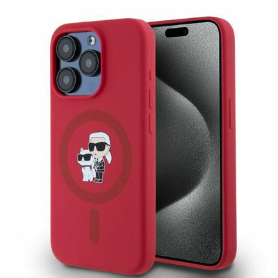 Husa Karl Lagerfeld Silicone Karl&Choupette Heads Ring Magsafe pentru iPhone 15 Pro - Rosu