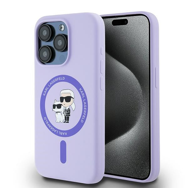 Husa Karl Lagerfeld Silicone Karl&Choupette Heads Ring Magsafe pentru iPhone 15 Pro - Mov