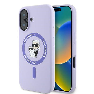Husa Karl Lagerfeld Silicone Karl&Choupette Heads Ring Magsafe pentru iPhone 16 Plus - Mov