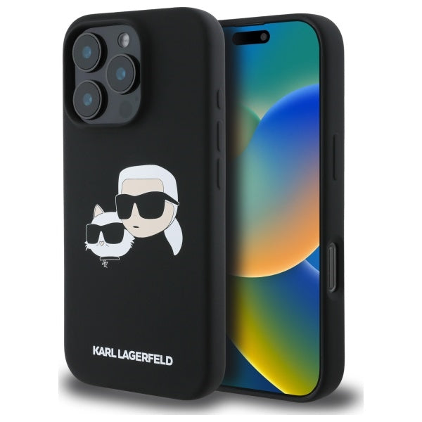 Husa Karl Lagerfeld Silicone Heads Print Magsafe pentru iPhone 16 Pro Max - Negru