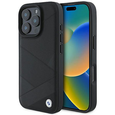 Husa BMW Signature Leather Crossing Lines Pattern iPhone 16 Pro - Negru