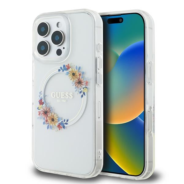 Husa Guess IML Flowers Wreath Magsafe pentru iPhone 16 Pro - Transparent