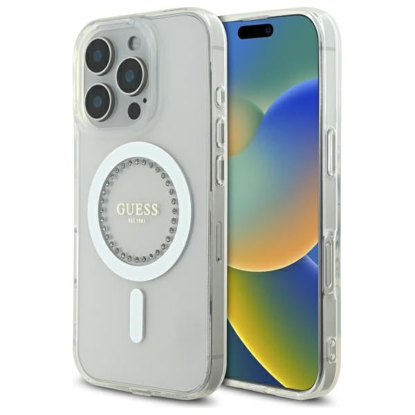 Husa Guess IML Rhinestones Magsafe pentru iPhone 16 Pro - Alb