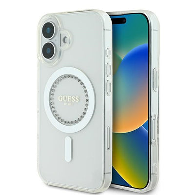 Husa Guess IML Rhinestones Magsafe pentru iPhone 16 - Alb