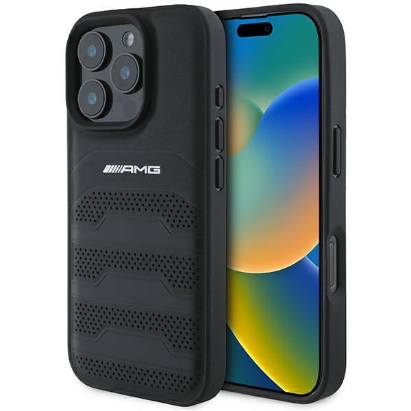 Husa AMG Leather Debossed Lines Negru Logo iPhone 16 Pro Max - Negru
