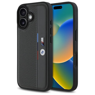 Husa BMW M Perforated Tricolor Detail Line iPhone 16 - Gri inchis