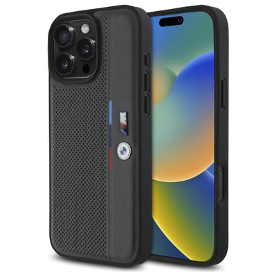 Husa BMW M Perforated Tricolor Detail Line iPhone 16 Pro Max - Gri inchis
