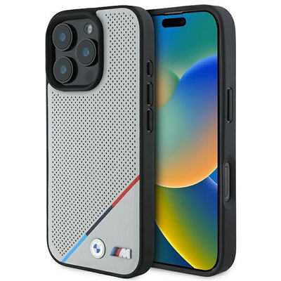 Husa BMW M Perforated Tricolor Line Magsafe pentru iPhone 16 Pro - Gri