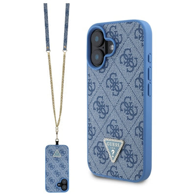 Husa Guess Leather Metal Logo Strass Crossbody pentru iPhone 16 - Albastru