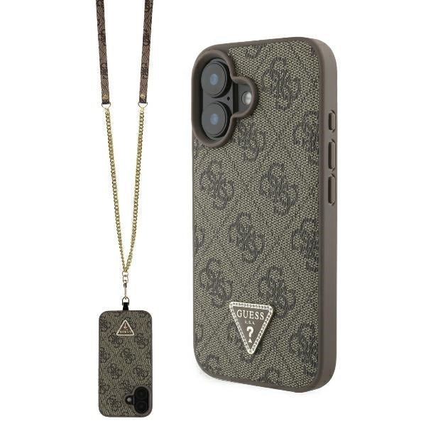 Husa Guess Leather Metal Logo Strass Crossbody pentru iPhone 16 - Maro
