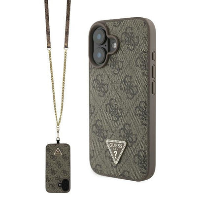 Husa Guess Leather Metal Logo Strass Crossbody pentru iPhone 16 - Maro