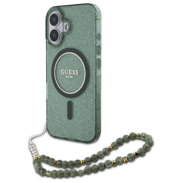 Husa Guess IML Glitter cu Pearl Curea Magsafe pentru iPhone 16 Plus - Verde